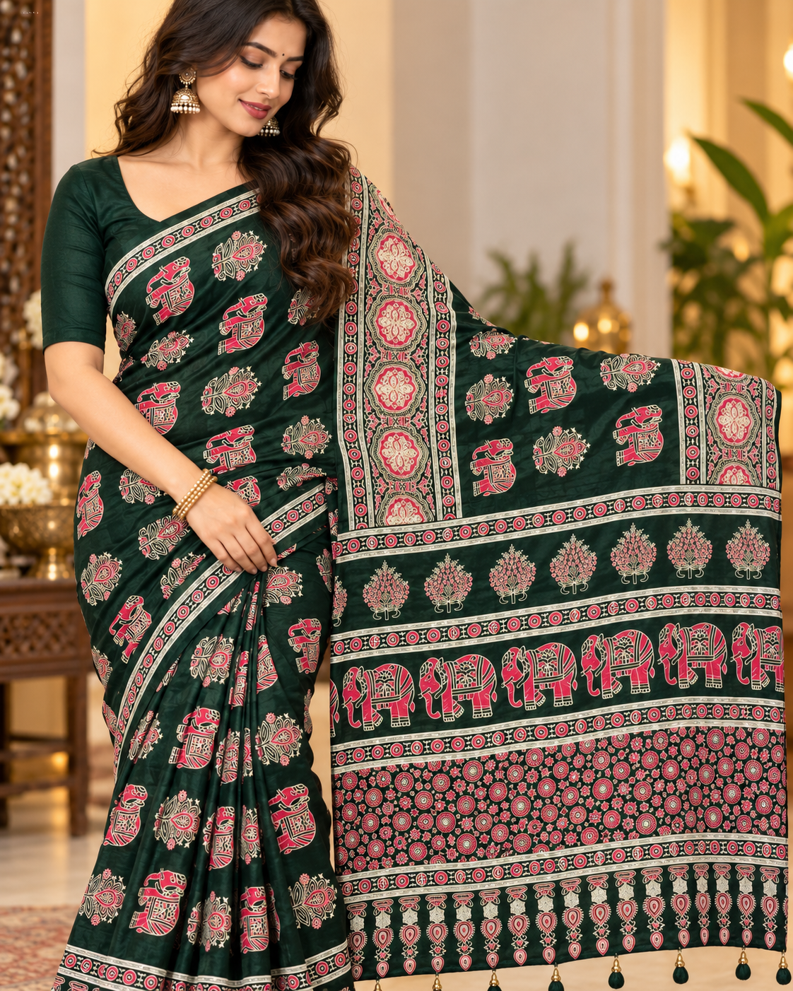 Premium Crepe Silk Designer Saree with Traditional Elephant & Floral Print