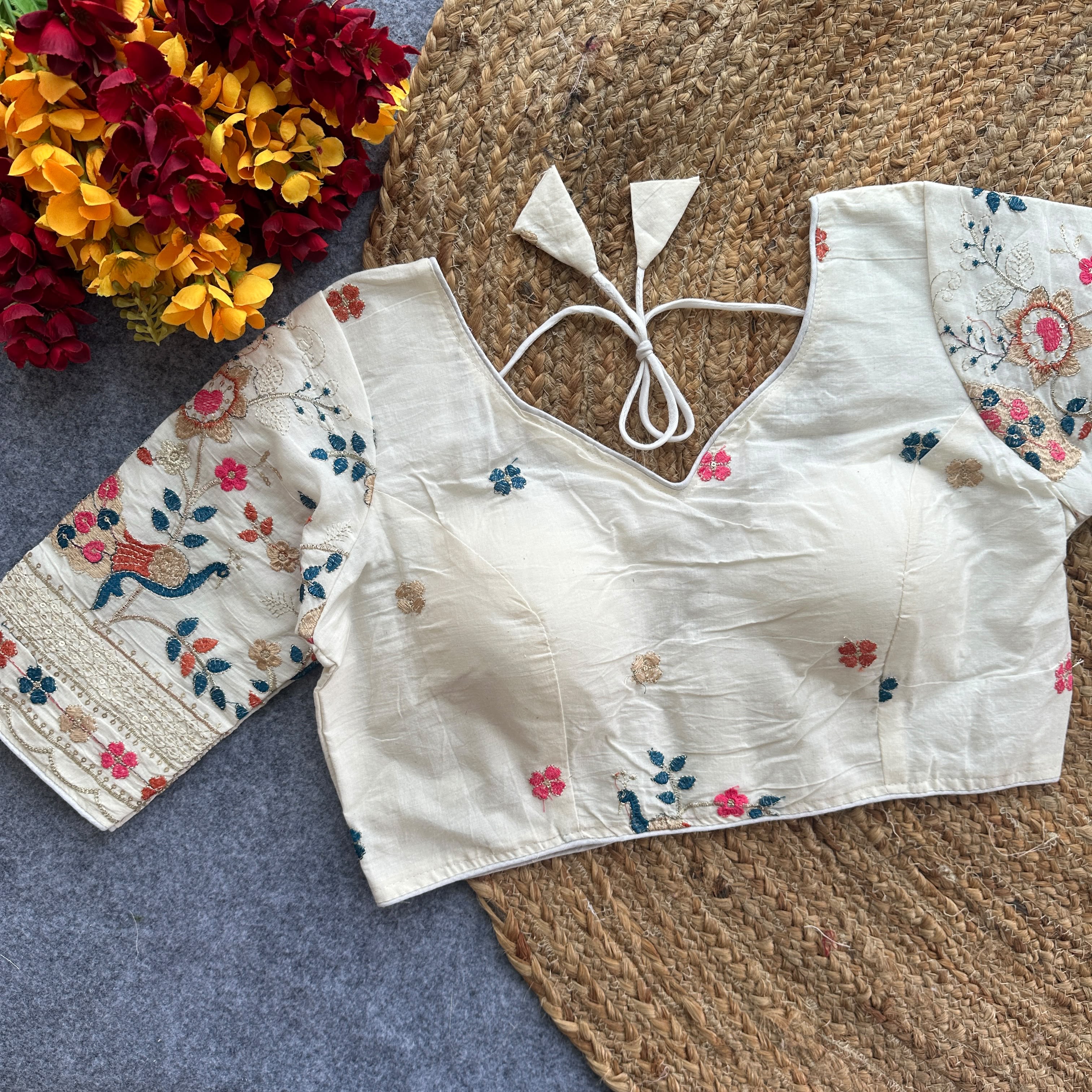 Pure Khadi Cotton Embroidered Partywear Blouse – Heavy Padded | Back Open | 38–42