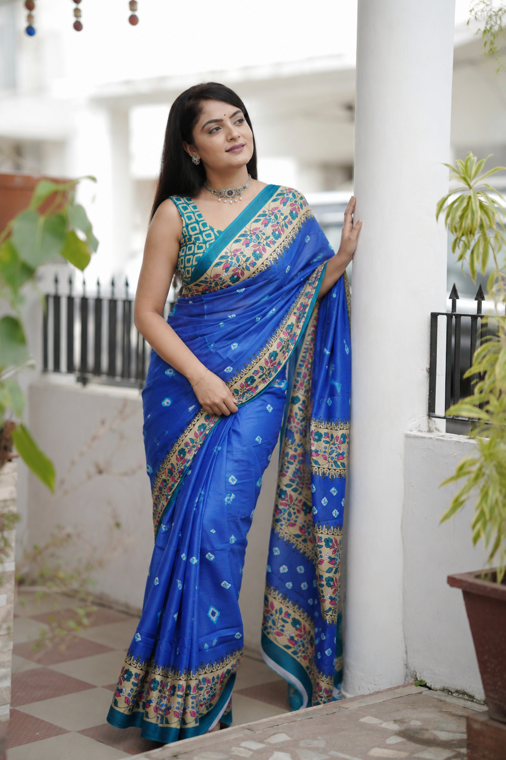 Women's Blue Cotton Printed Saree with Floral Border & Matching Blouse