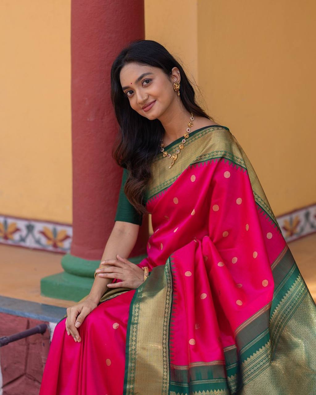 Traditional Pink Silk Saree with Golden Zari Border