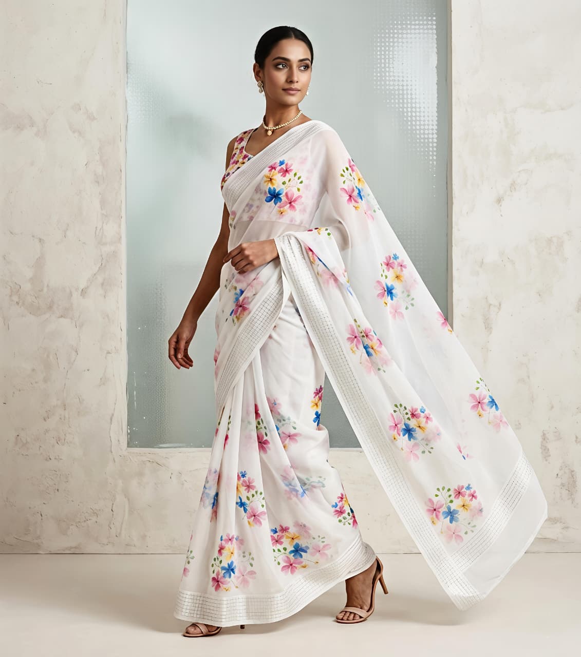 White House Premium Georgette Chiffon Floral Digital Print Saree with Weaving Border & Printed Blouse