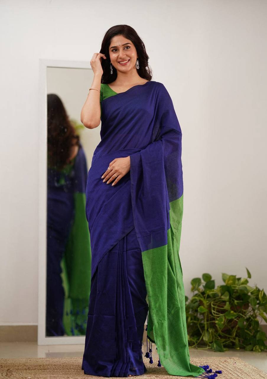 Elegant Blue and Green Silk Saree with Contrast Border