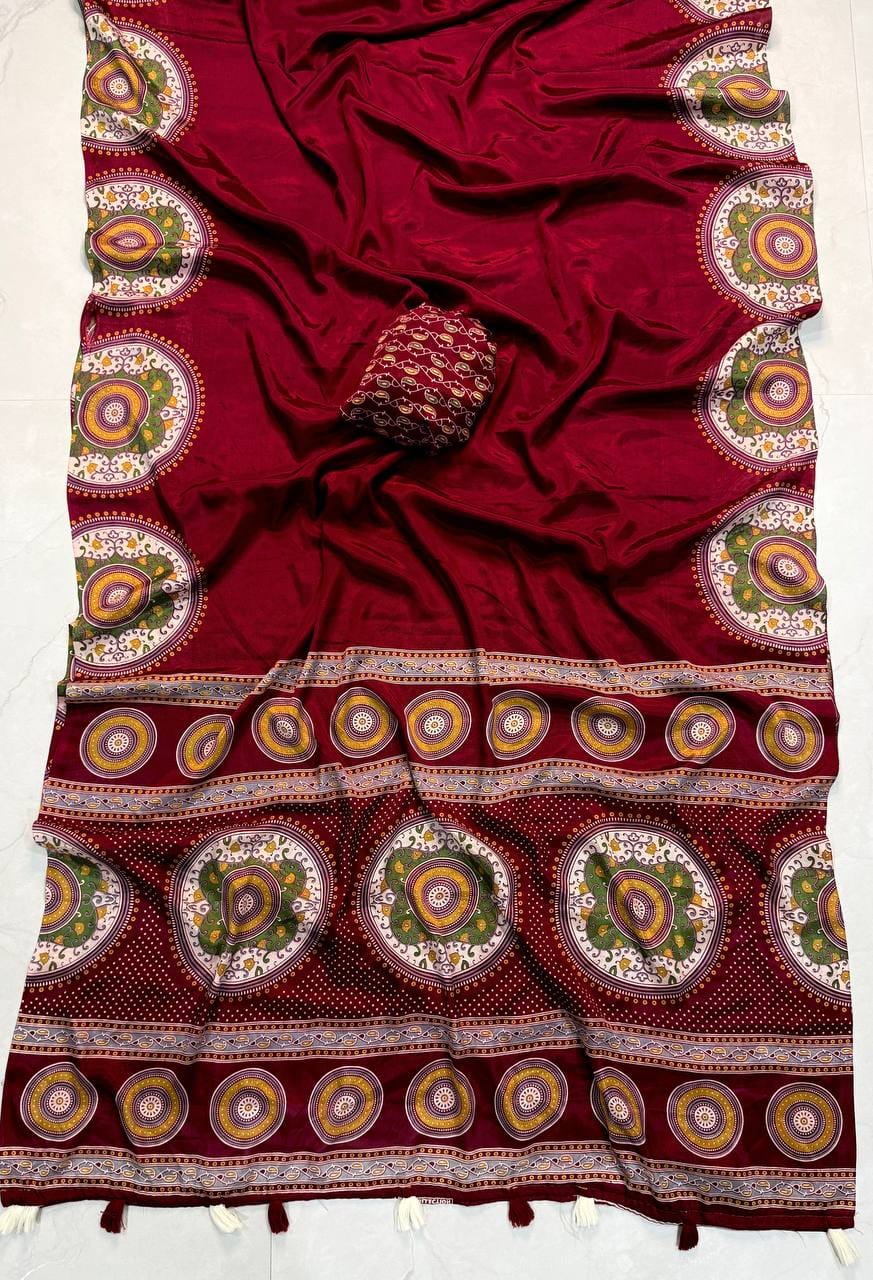 Premium Ajrakh Designer Crepe Silk Saree with Circular Motif Print & Tassel Border