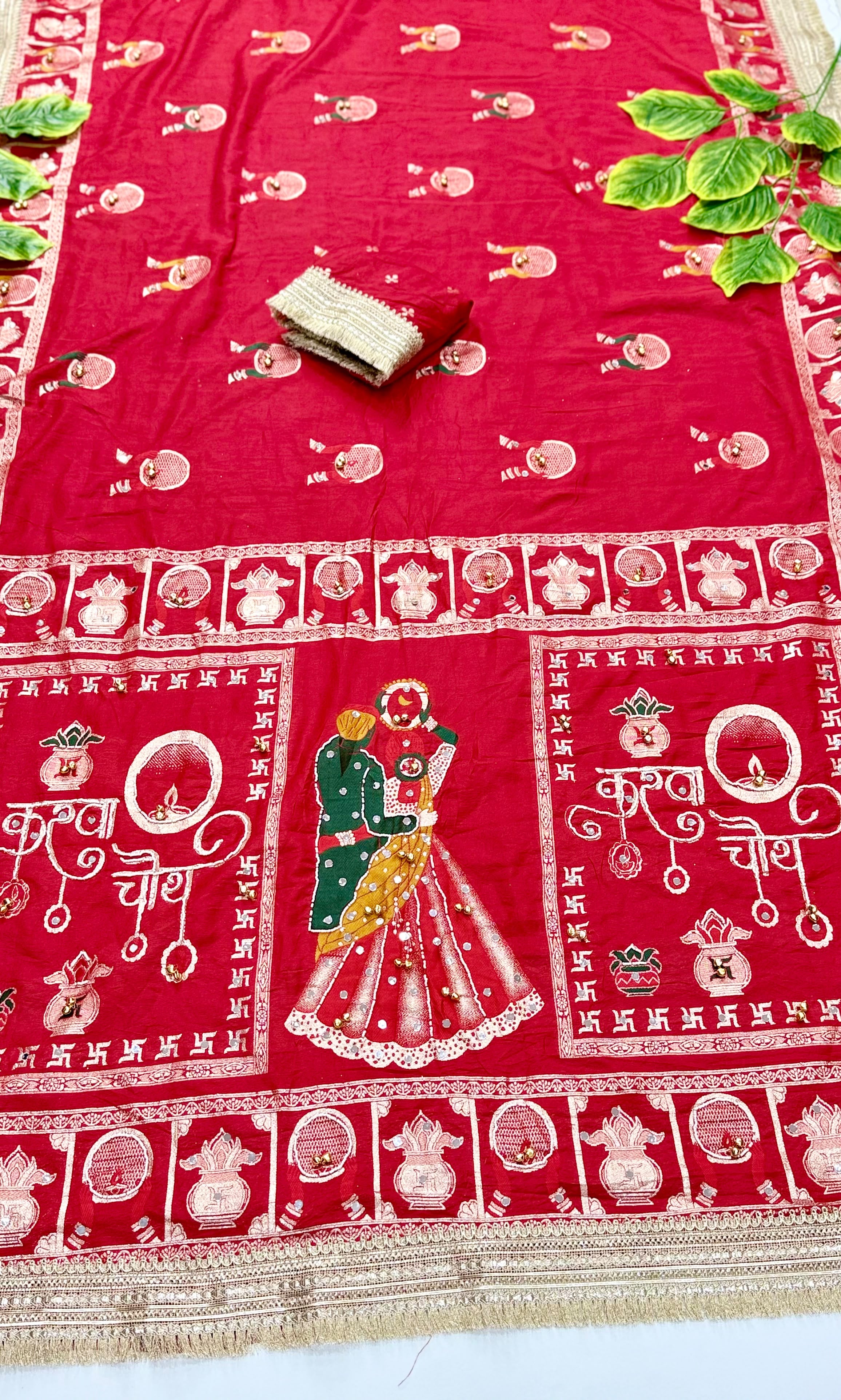 Karva Chauth Special Heavy Pure Silk Saree with Mirror, Ghungroo & Sequins Work with Stitched Blouse