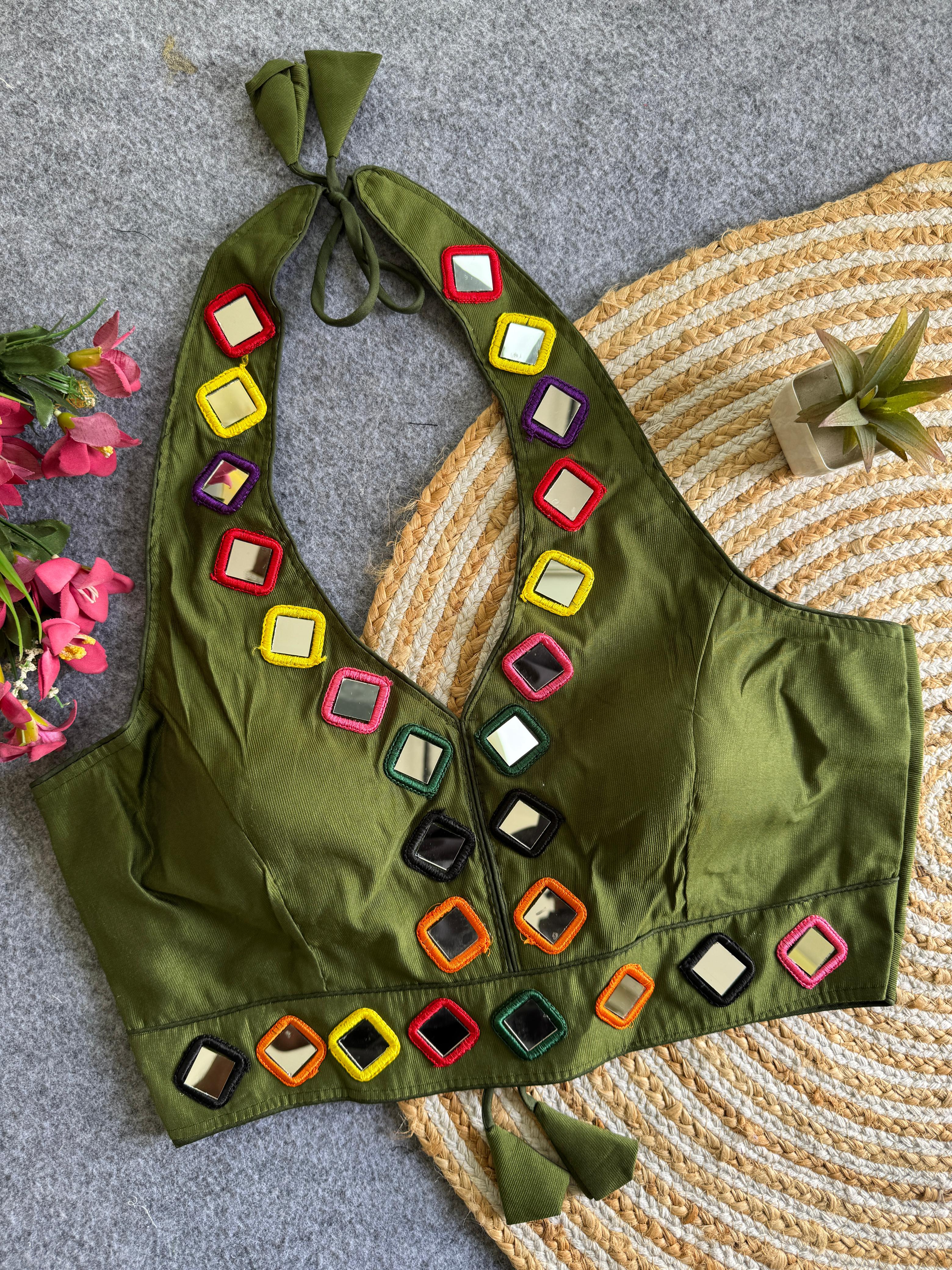 Navratri 06 Satin Silk Multicolour Mirror Work Designer Blouse – Free Size 38–42