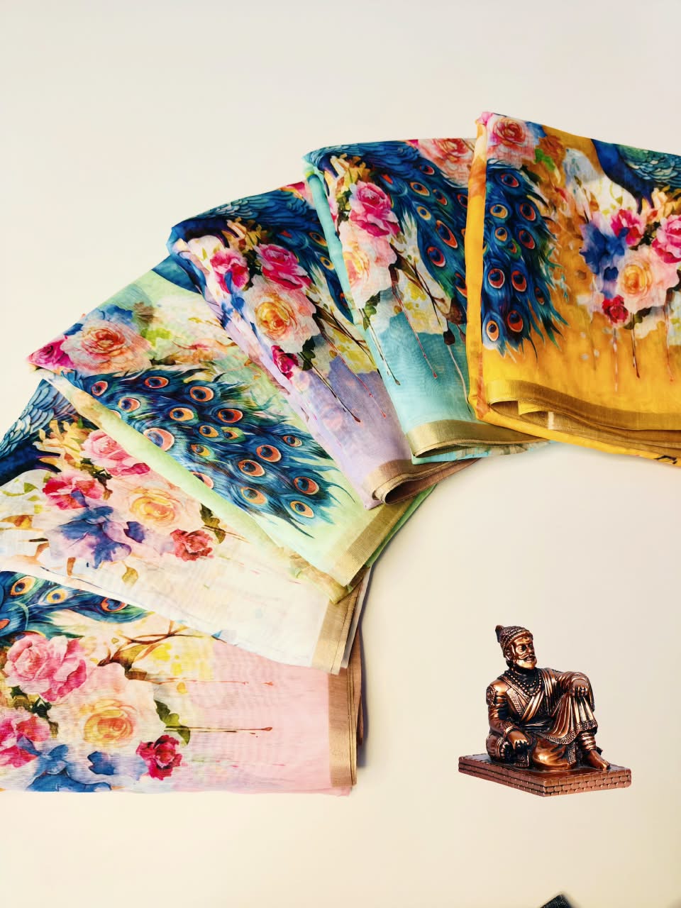 Premium Slub Cotton Saree with Peacock Digital Print, Golden Zari Border & Matching Blouse Piece