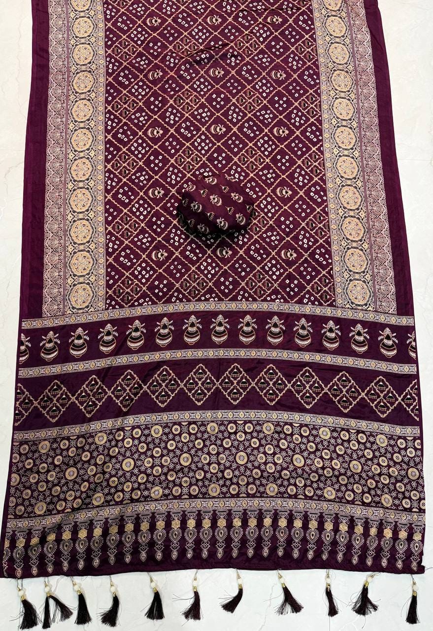 Premium Ajrakh Designer Crepe Silk Saree with Multi-Pattern Border & Tassel Work