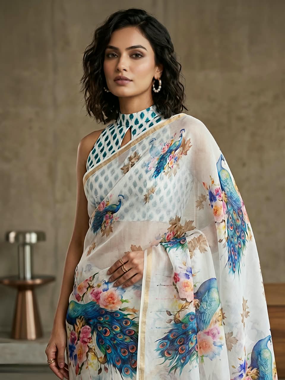 Premium Slub Cotton Saree with Peacock Digital Print, Golden Zari Border & Matching Blouse Piece