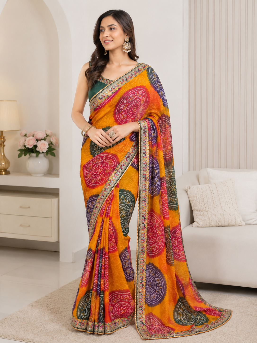Women's Designer Yellow Faux Georgette Printed Saree with Embroidered Lace Border & Mono Silk Blouse