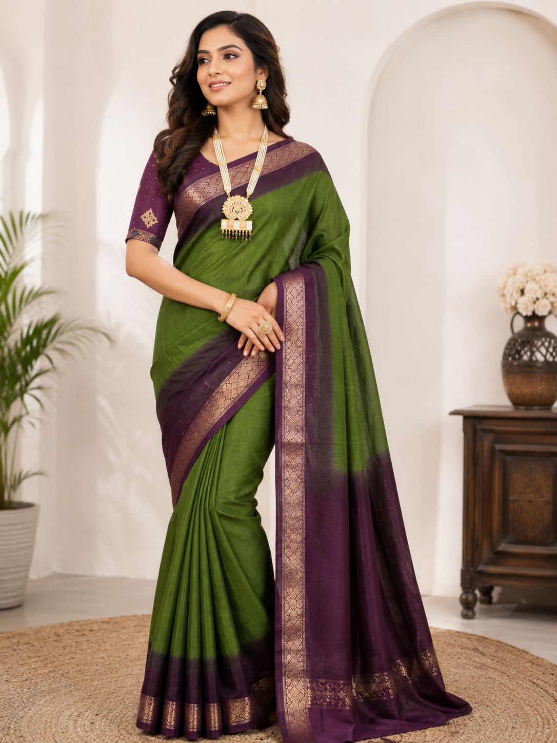 Women's Green Super Dola Chex Zari Saree with Rich Zari Weaving Border & Running Jacquard Blouse