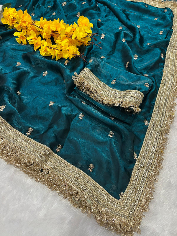 Premium Fendi Fabric Embroidered Party Wear Saree with Heavy Border
