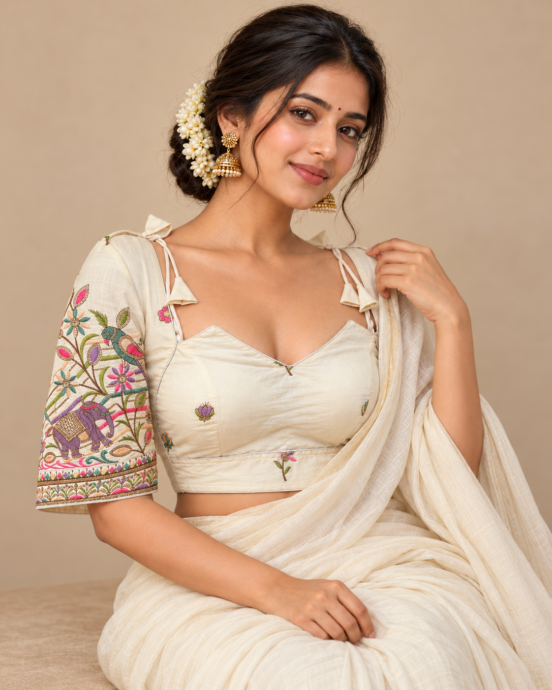 Pure Khadi Cotton Floral Embroidered Blouse – Heavy Padded | Front Open | 38–42