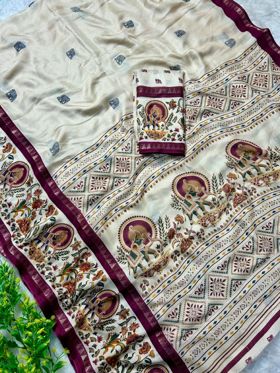Premium Marsh Mellow Saree with Gajraj Print & Double Temple Pattu Border