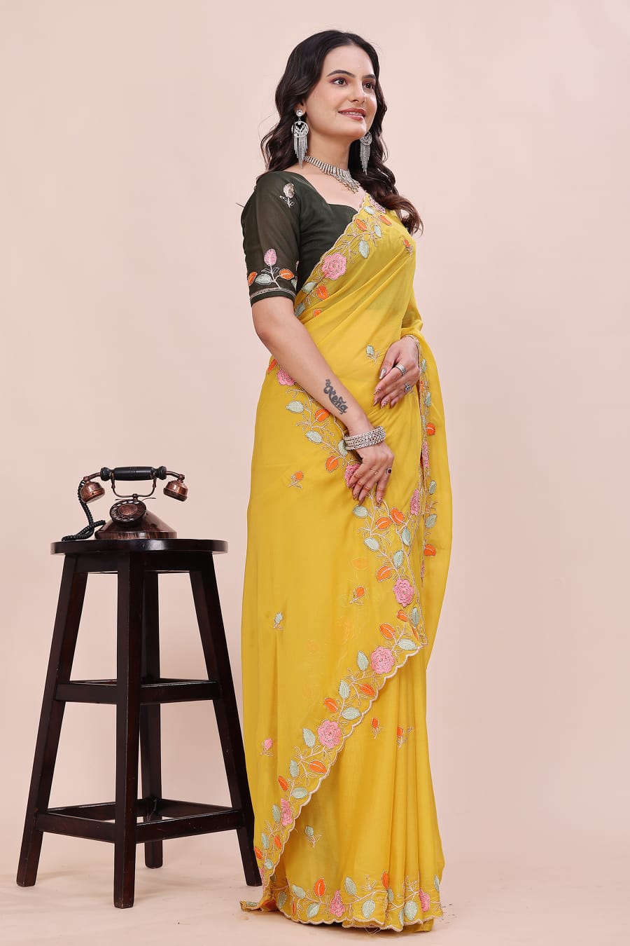 Rose Petal Embroidered Star Georgette Saree with Beads Work Border
