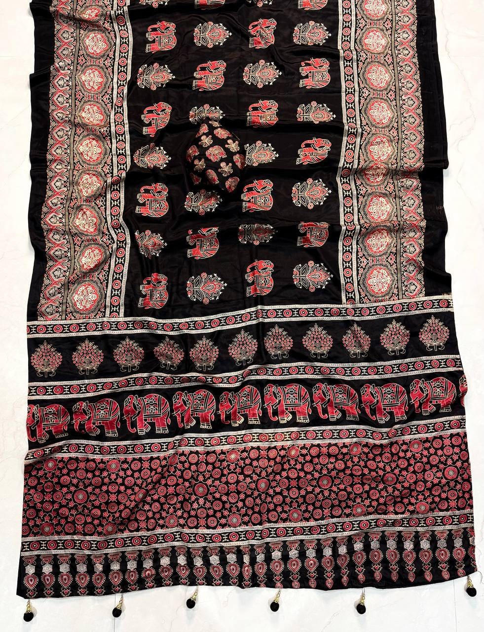 Premium Crepe Silk Designer Saree with Traditional Elephant & Floral Print
