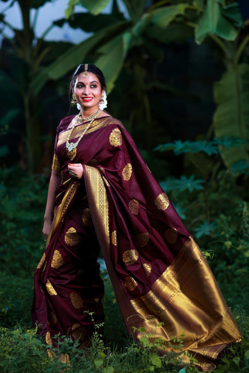 Traditional Maroon Silk Saree with Golden Zari Border and Motifs