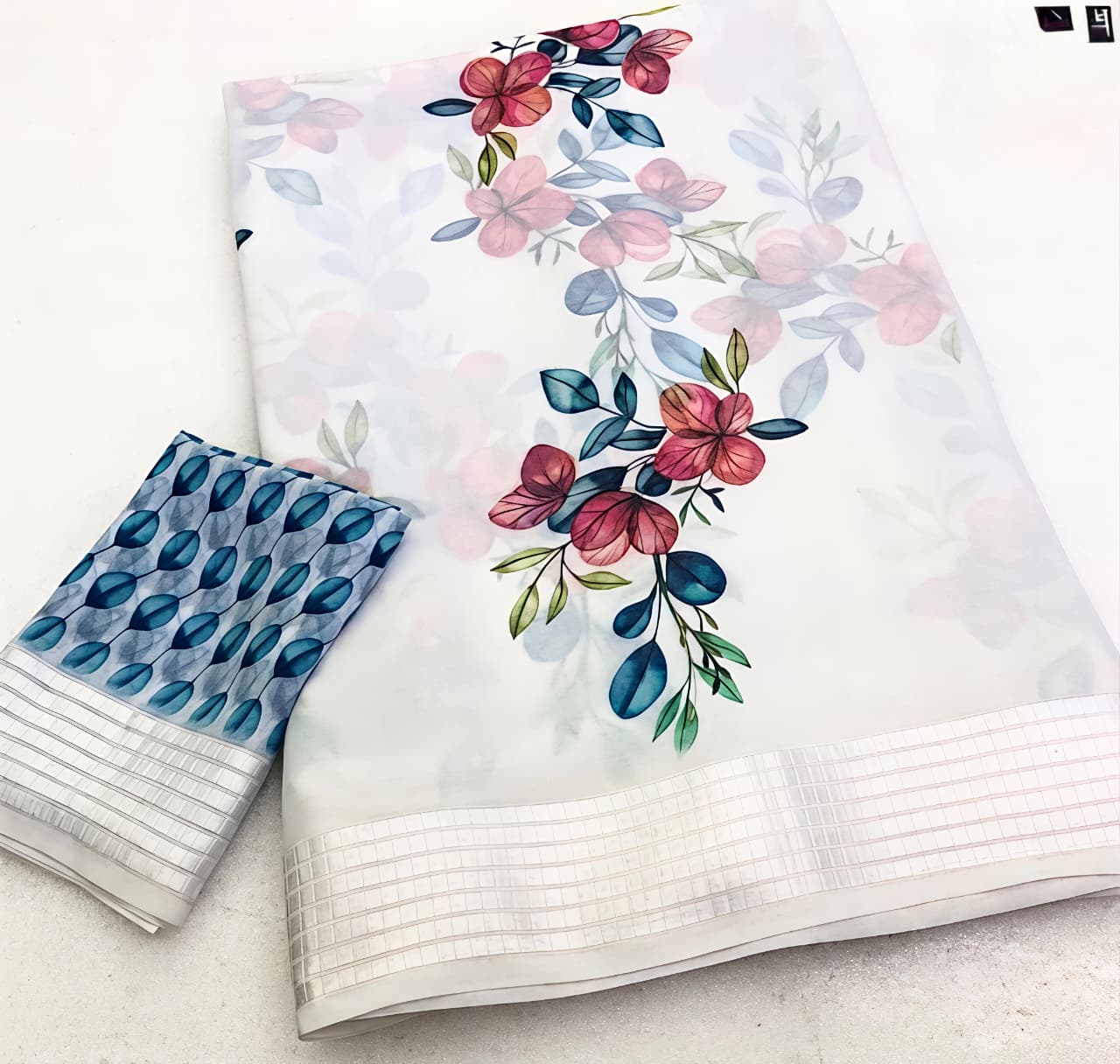 White House Premium Georgette Chiffon Floral Digital Print Saree with Weaving Border & Printed Blouse