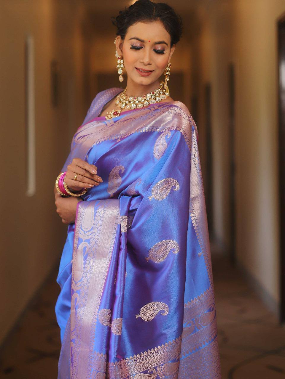 Elegant Blue Banarasi Silk Saree with Silver Zari Work