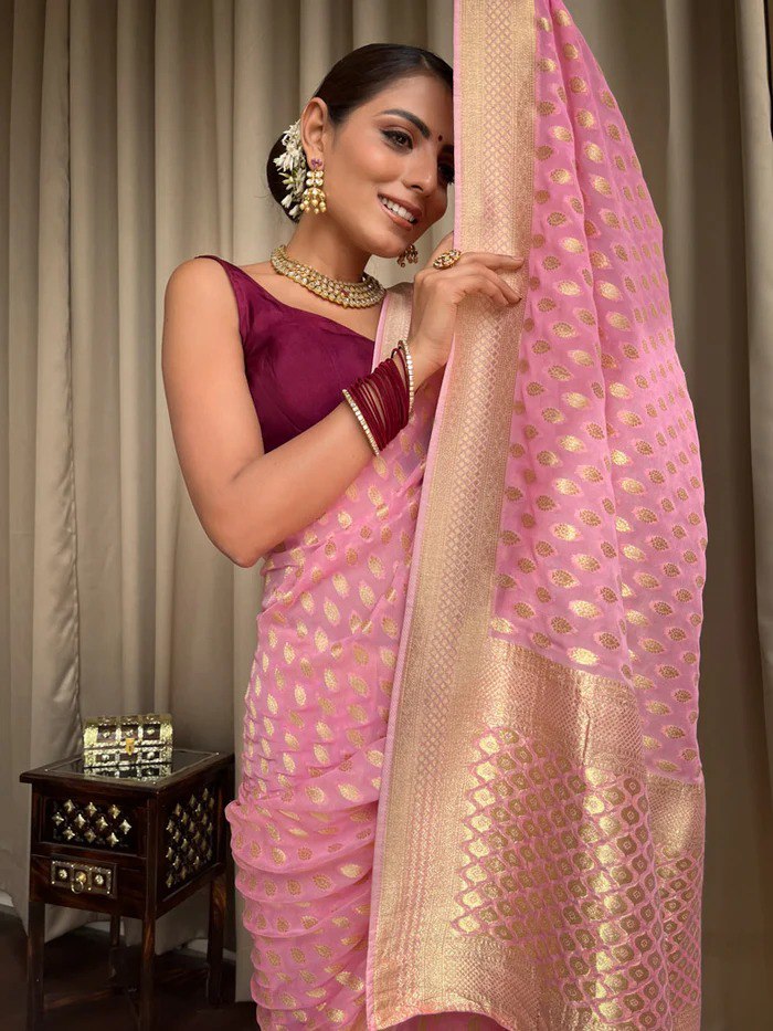Pink Banarasi Silk Saree with Golden Zari Work
