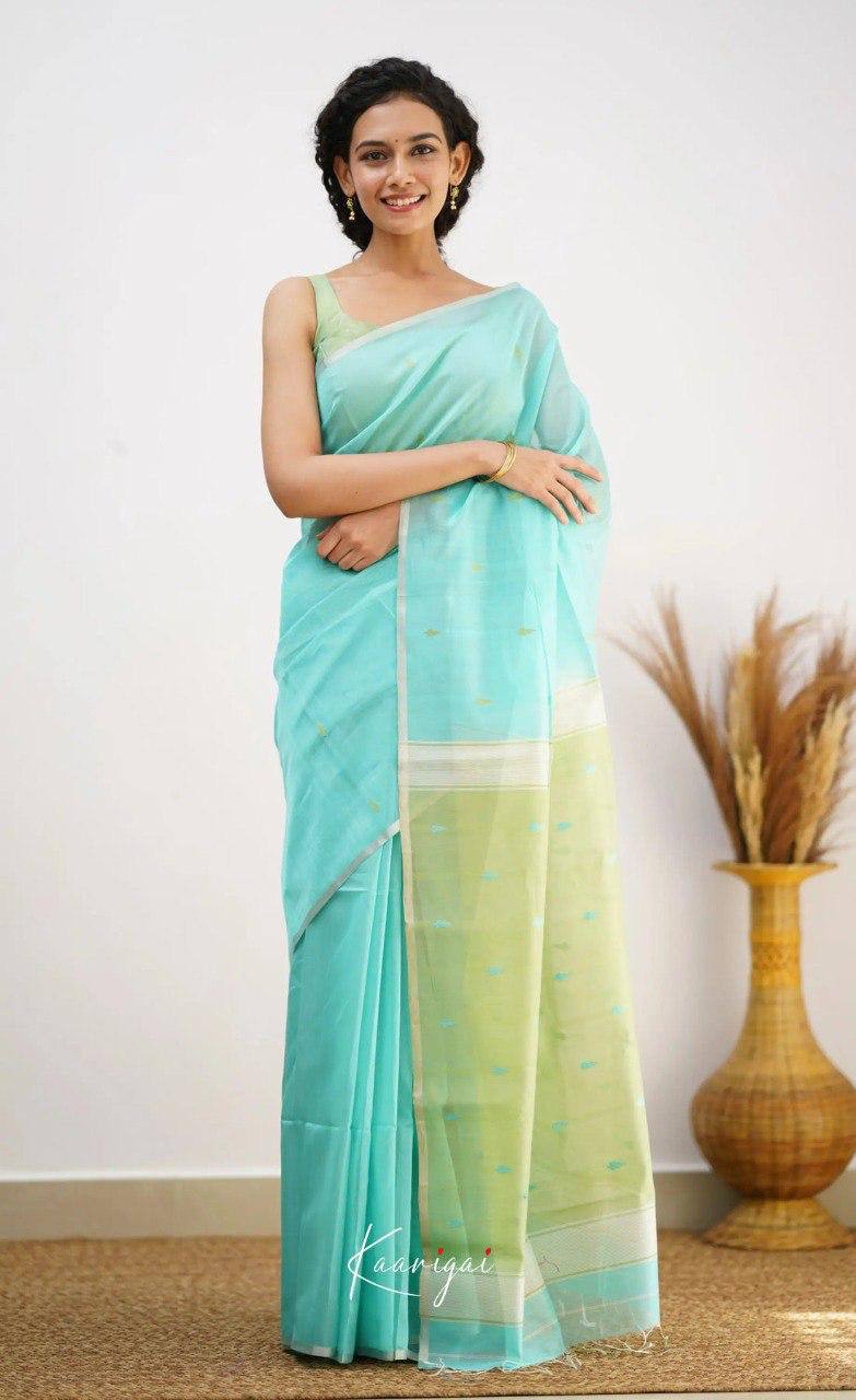 Mint Green Organza Saree with Golden Motifs and Yellow Border