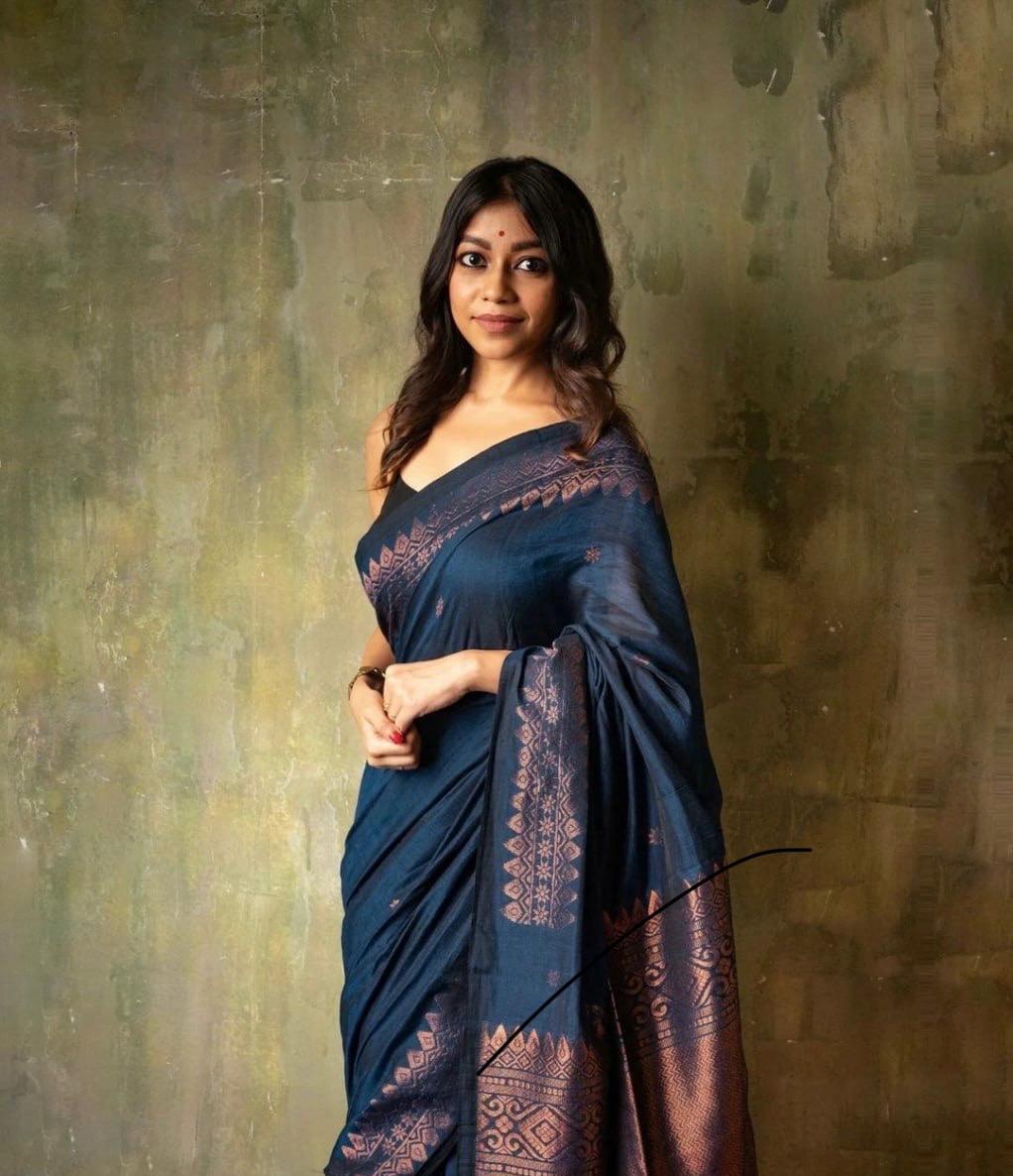 Elegant Navy Blue Banarasi Silk Saree with Copper Zari Border