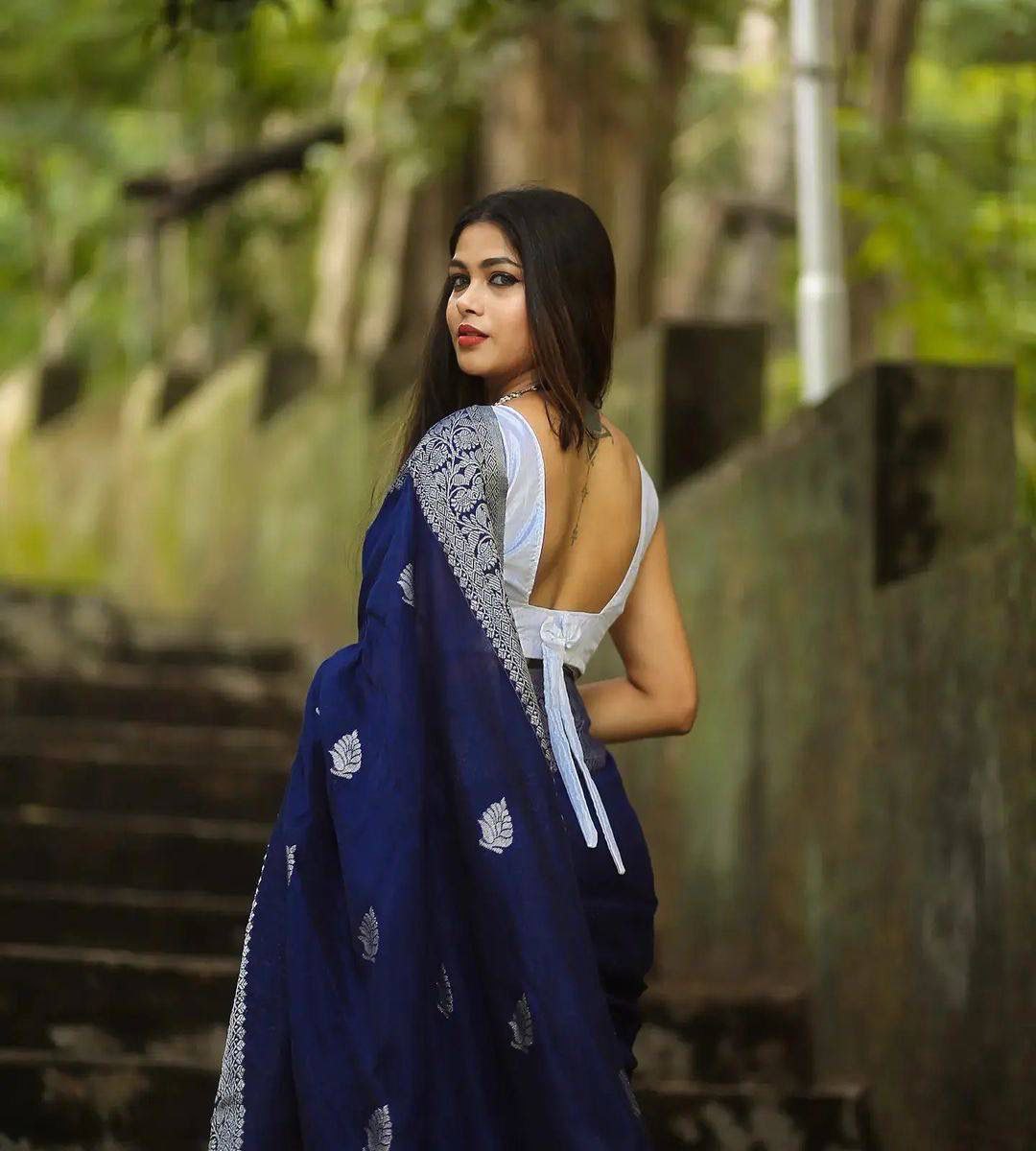 Navy Blue Banarasi Silk Saree with Silver Zari Border
