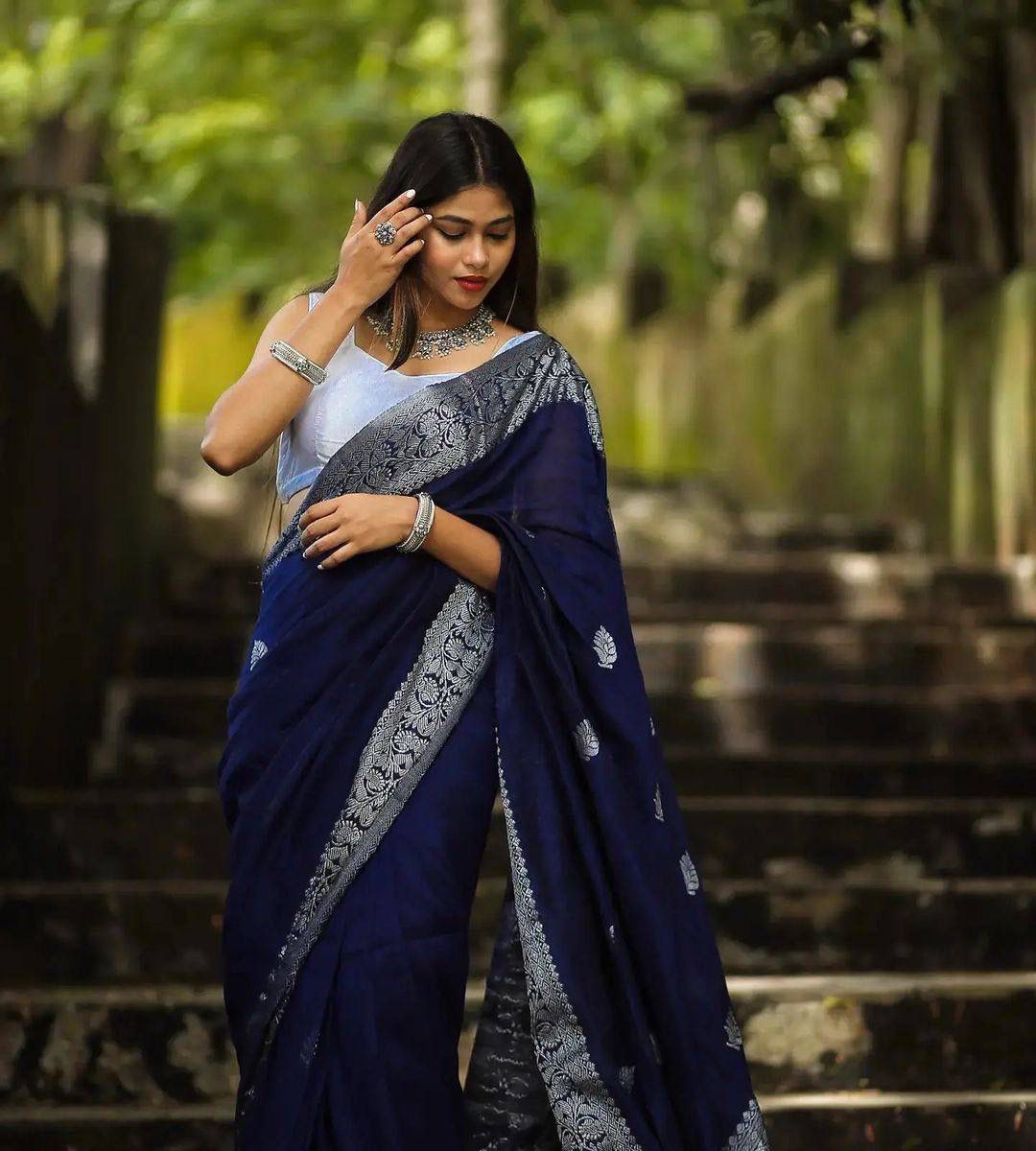 Navy Blue Banarasi Silk Saree with Silver Zari Border