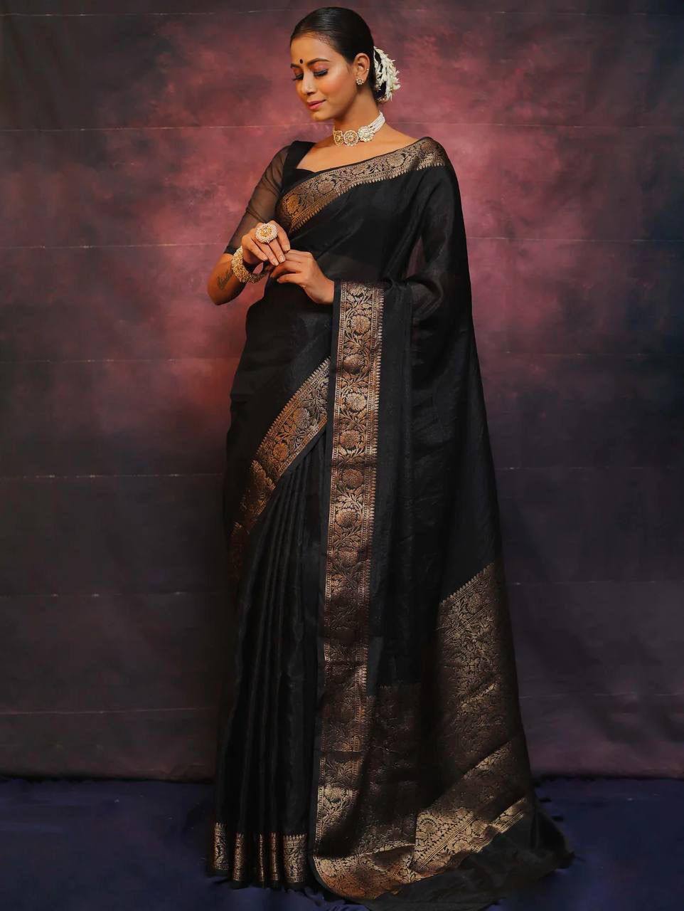 Elegant Black Silk Saree with Gold Zari Border and Pallu