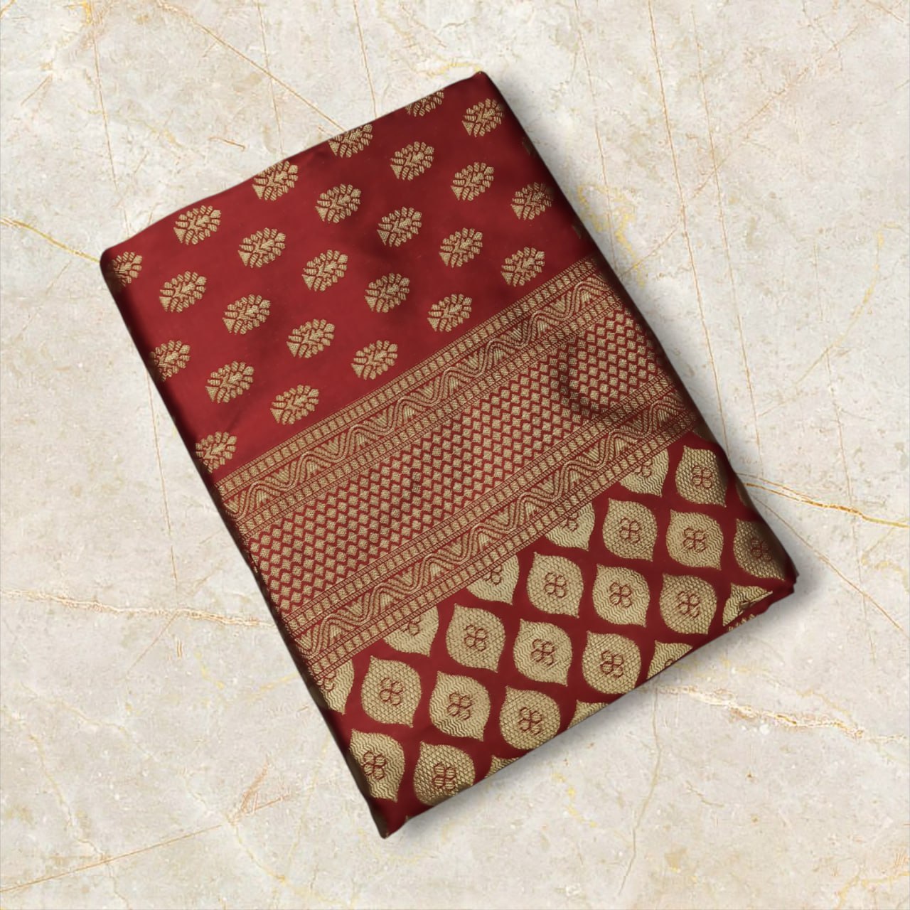 Maroon Banarasi Silk Saree with Golden Zari Weave and Contrast Blouse