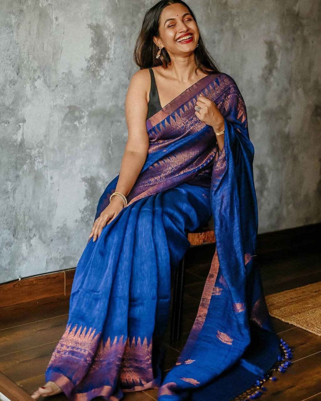 Royal Blue Silk Saree with Pink Zari Buti Work and Contrast Border