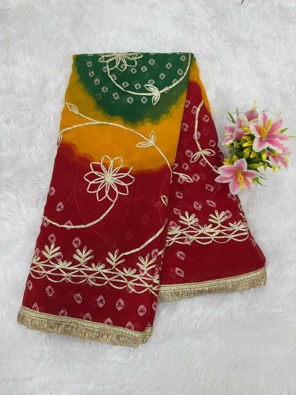 Women's Maroon Georgette Bandhej Print Saree with Gota Embroidery & Mono Silk Blouse