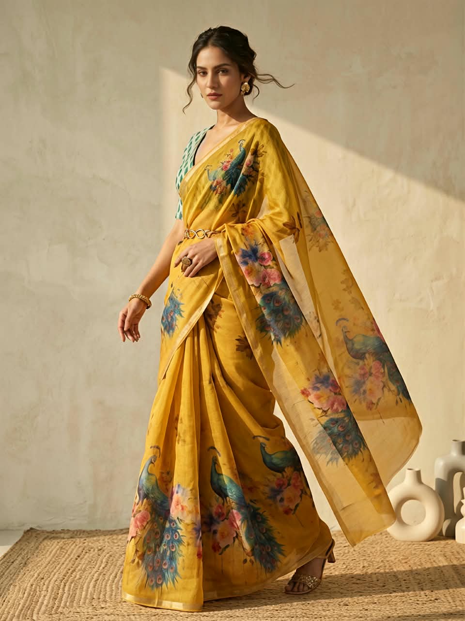 Premium Slub Cotton Saree with Peacock Digital Print, Golden Zari Border & Matching Blouse Piece