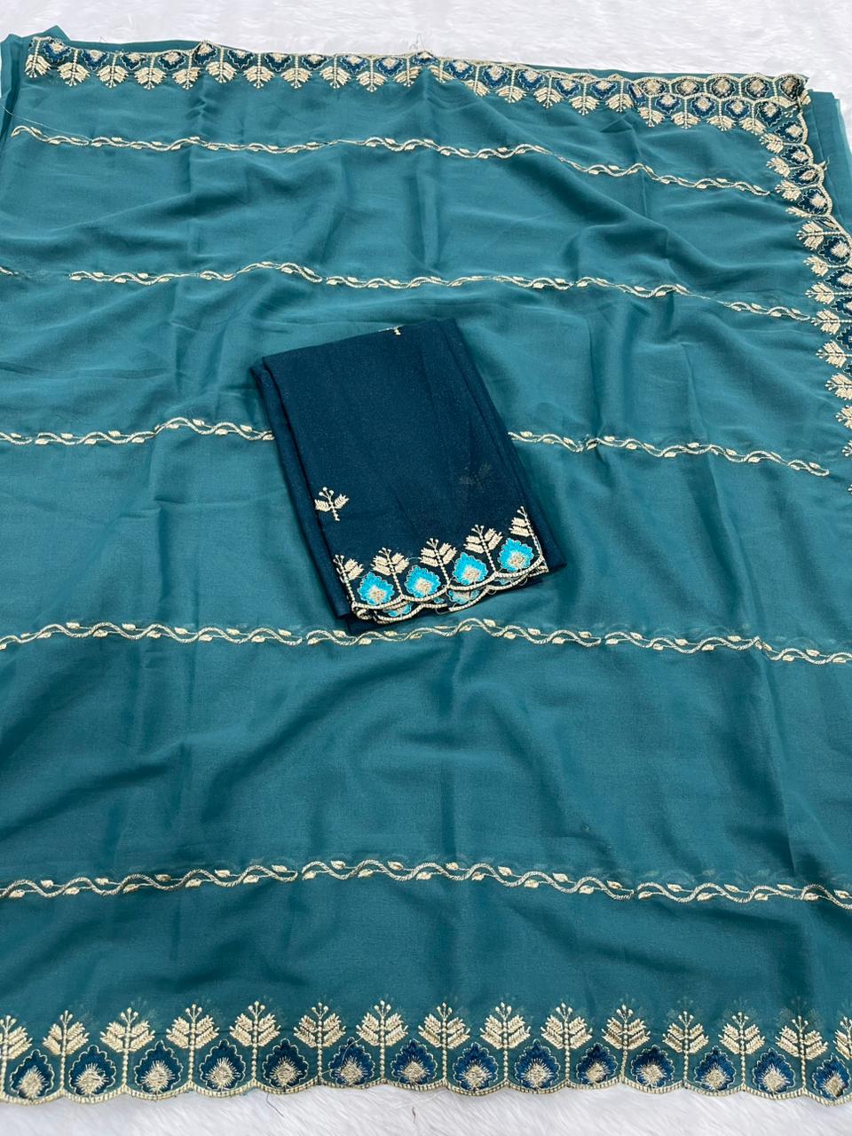 Jhanvi Collection – Premium Star Georgette Saree with Embroidered Border & Contrast Blouse