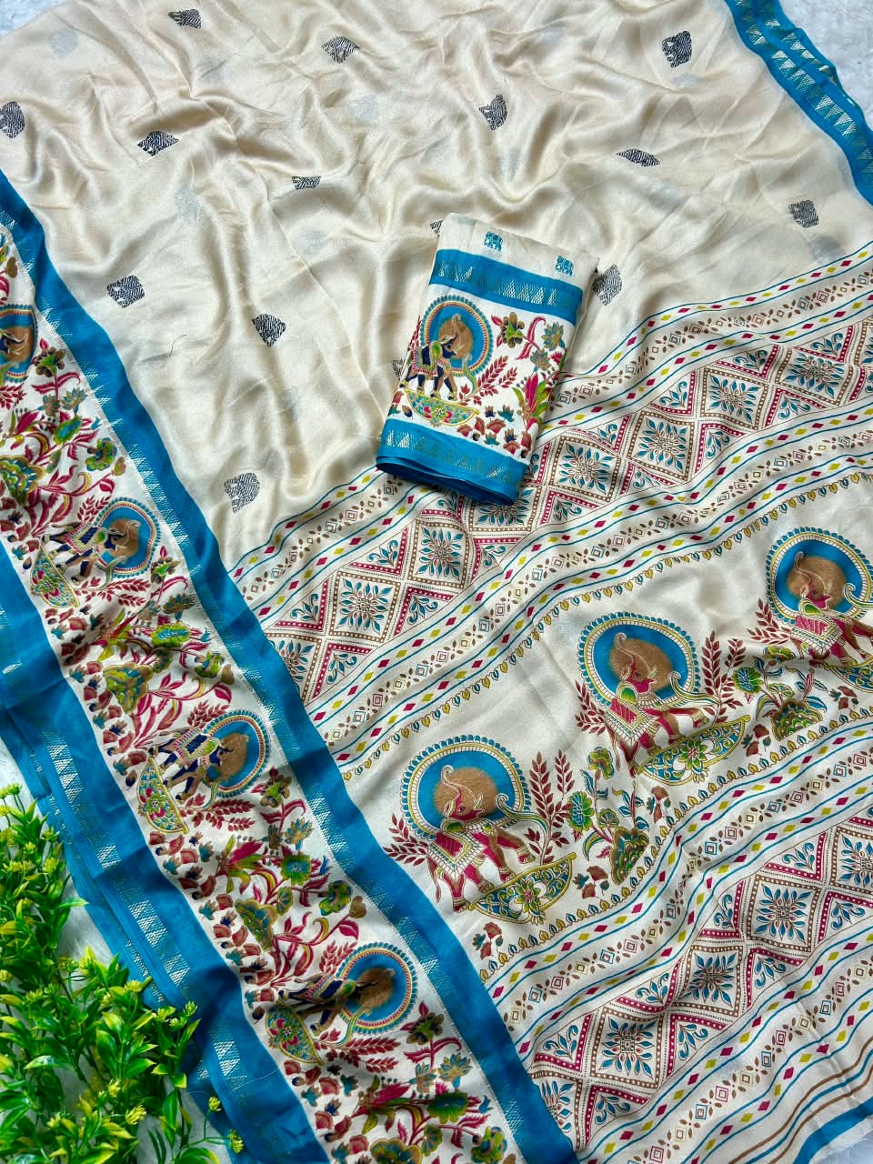 Premium Marsh Mellow Saree with Gajraj Print & Double Temple Pattu Border