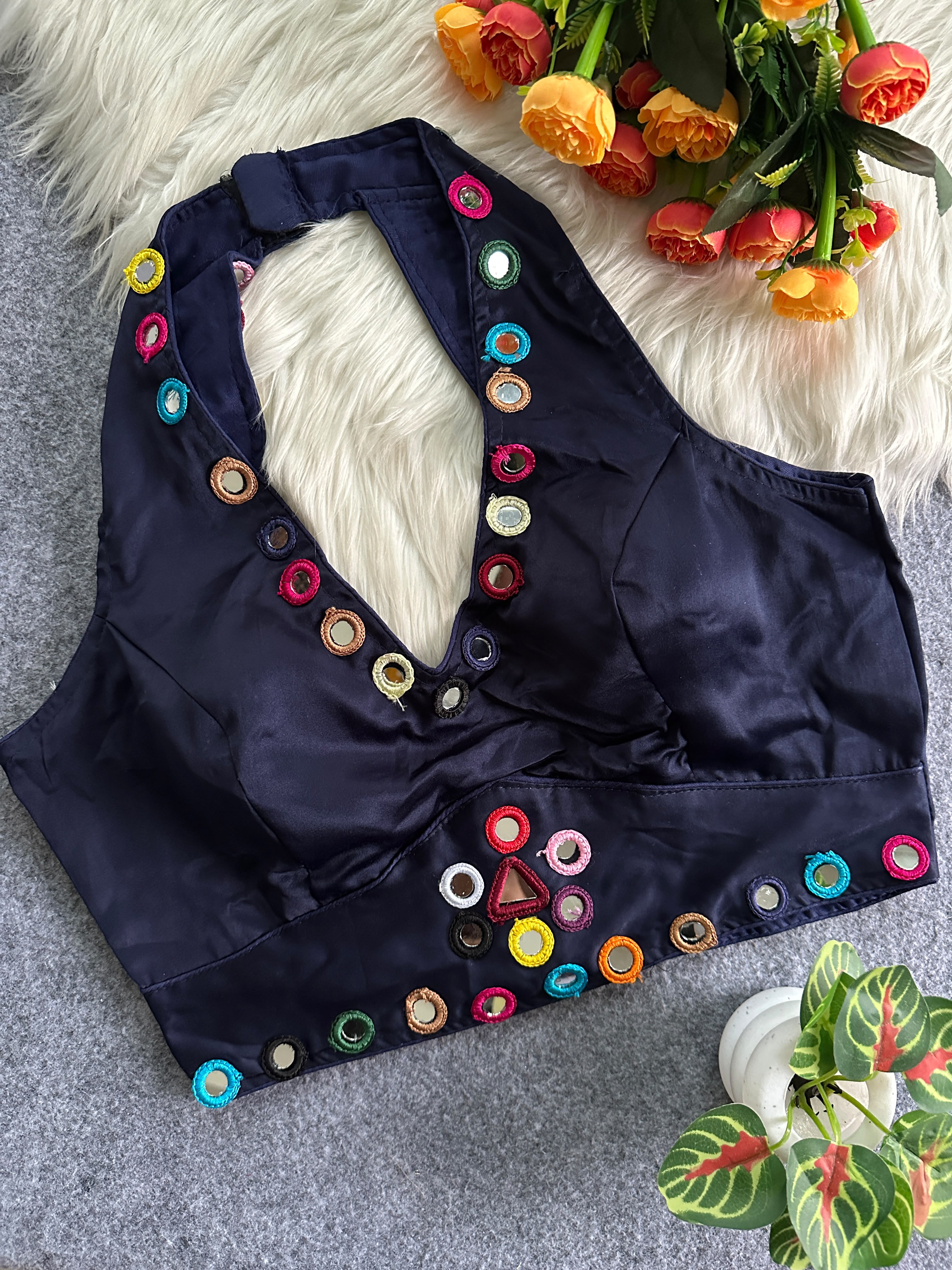 Navratri Satin Silk Multicolour Mirror Work Designer Blouse – Free Size 38–42