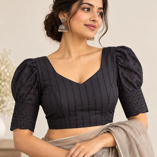 Pure Hakoba Cotton Embroidered Padded Blouse – Free Size 38–42