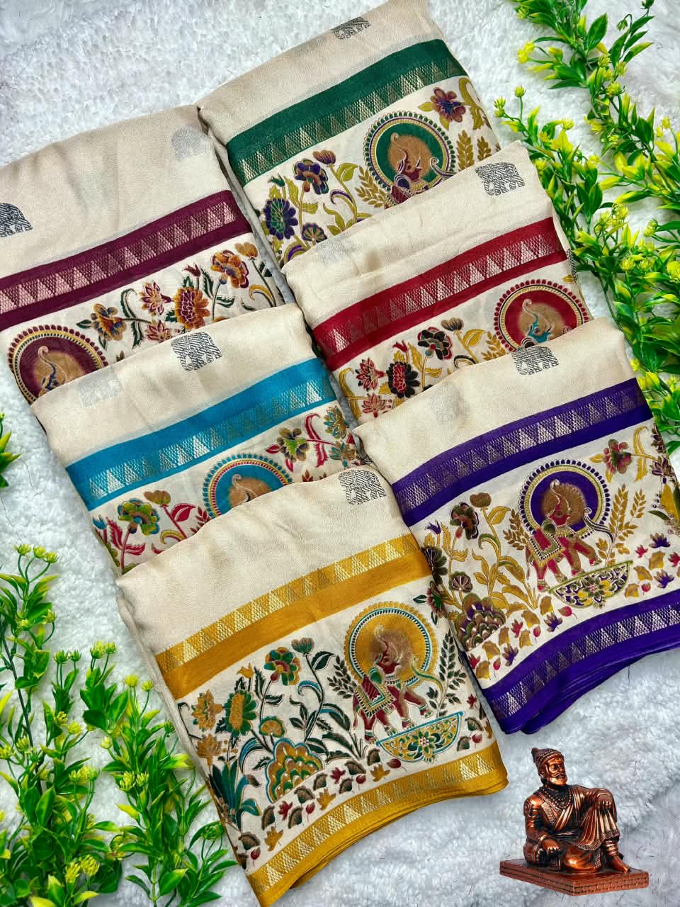 Premium Marsh Mellow Saree with Gajraj Print & Double Temple Pattu Border