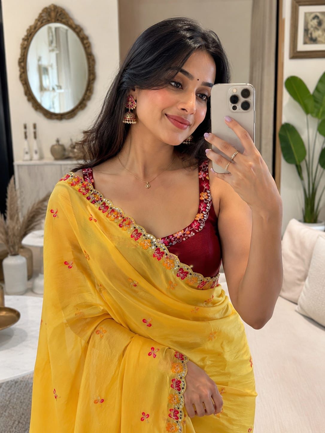 Premium Crunchy Chiffon Embroidered Mirror Work Party Wear Saree