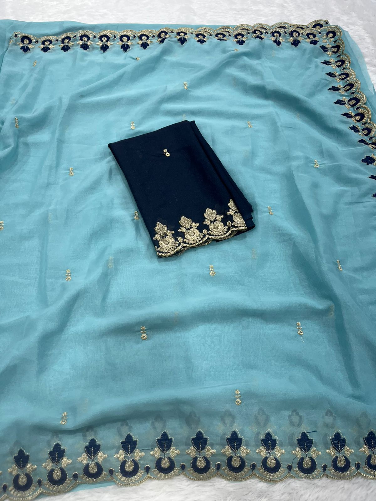 Kalash Premium Star Georgette Embroidered Saree with Designer Border & Running Blouse