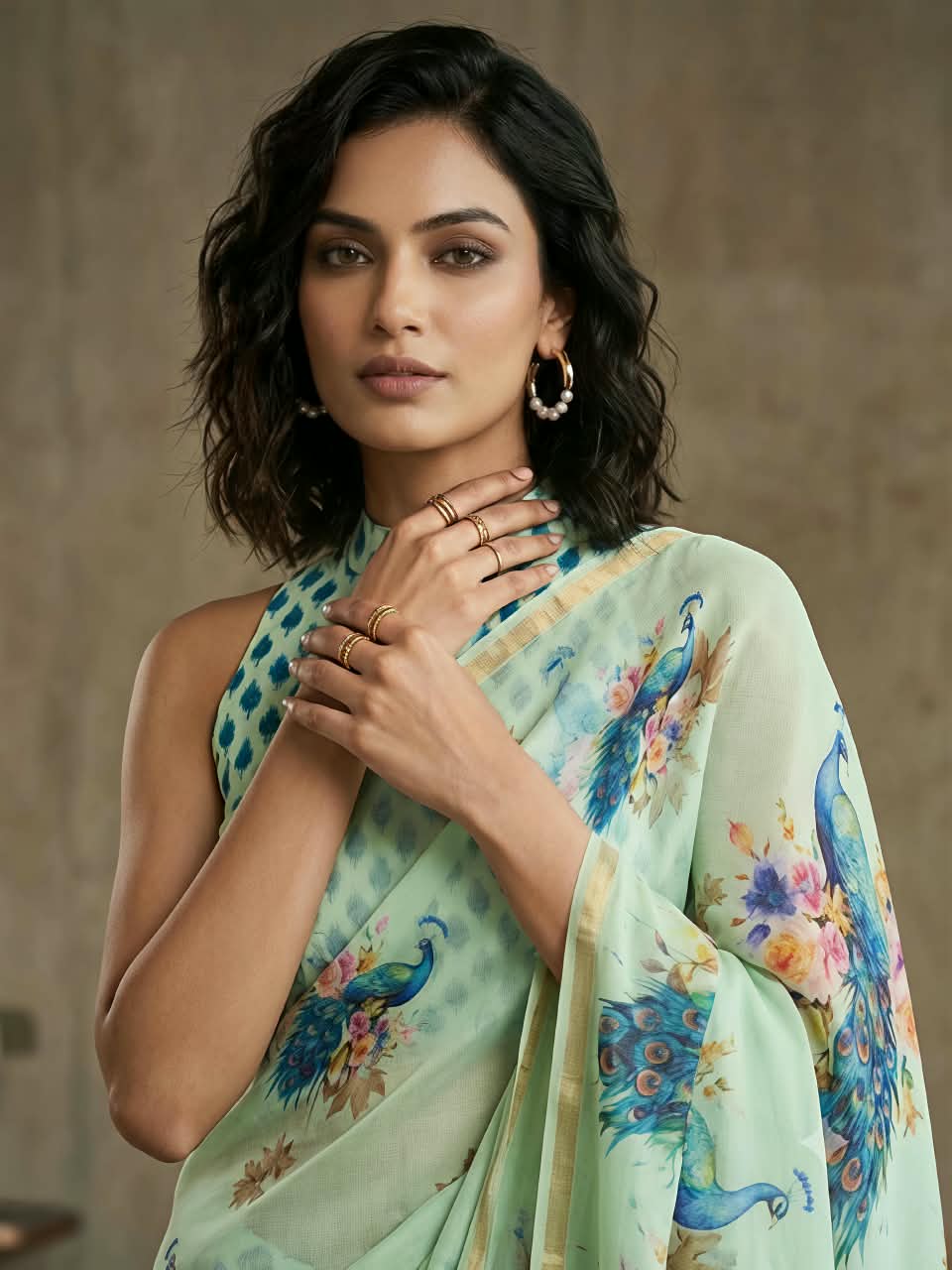 Premium Slub Cotton Saree with Peacock Digital Print, Golden Zari Border & Matching Blouse Piece