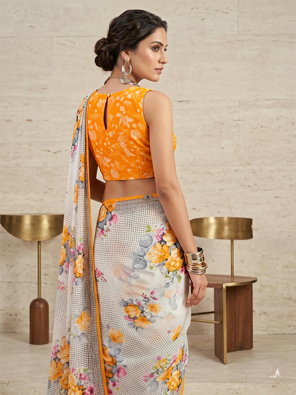 Heavy Blooming Faux Georgette Saree with Multicolor Floral Print & Matching Blouse