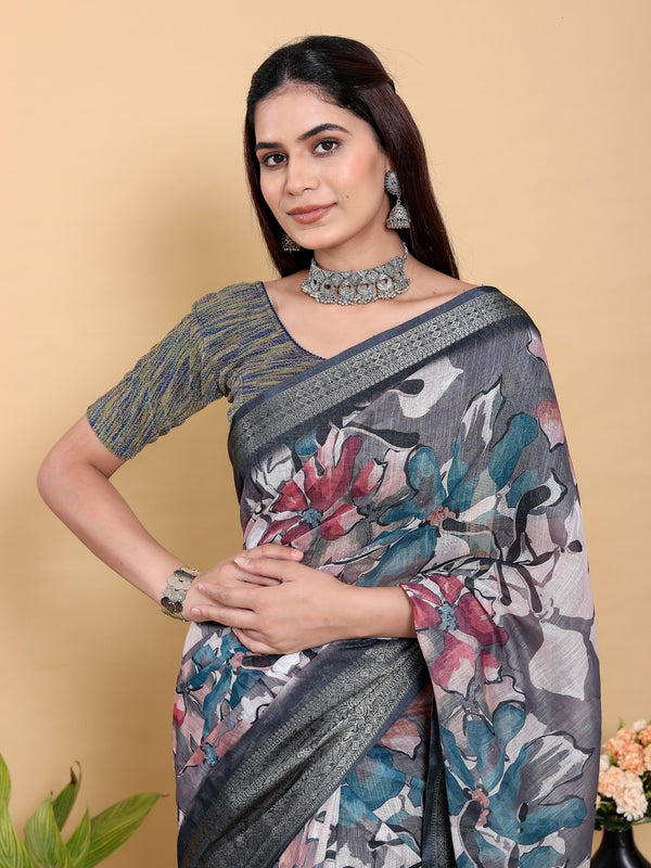 Mystic Floral Heavy Linen Saree with Rich Jacquard Border & Designer Blouse