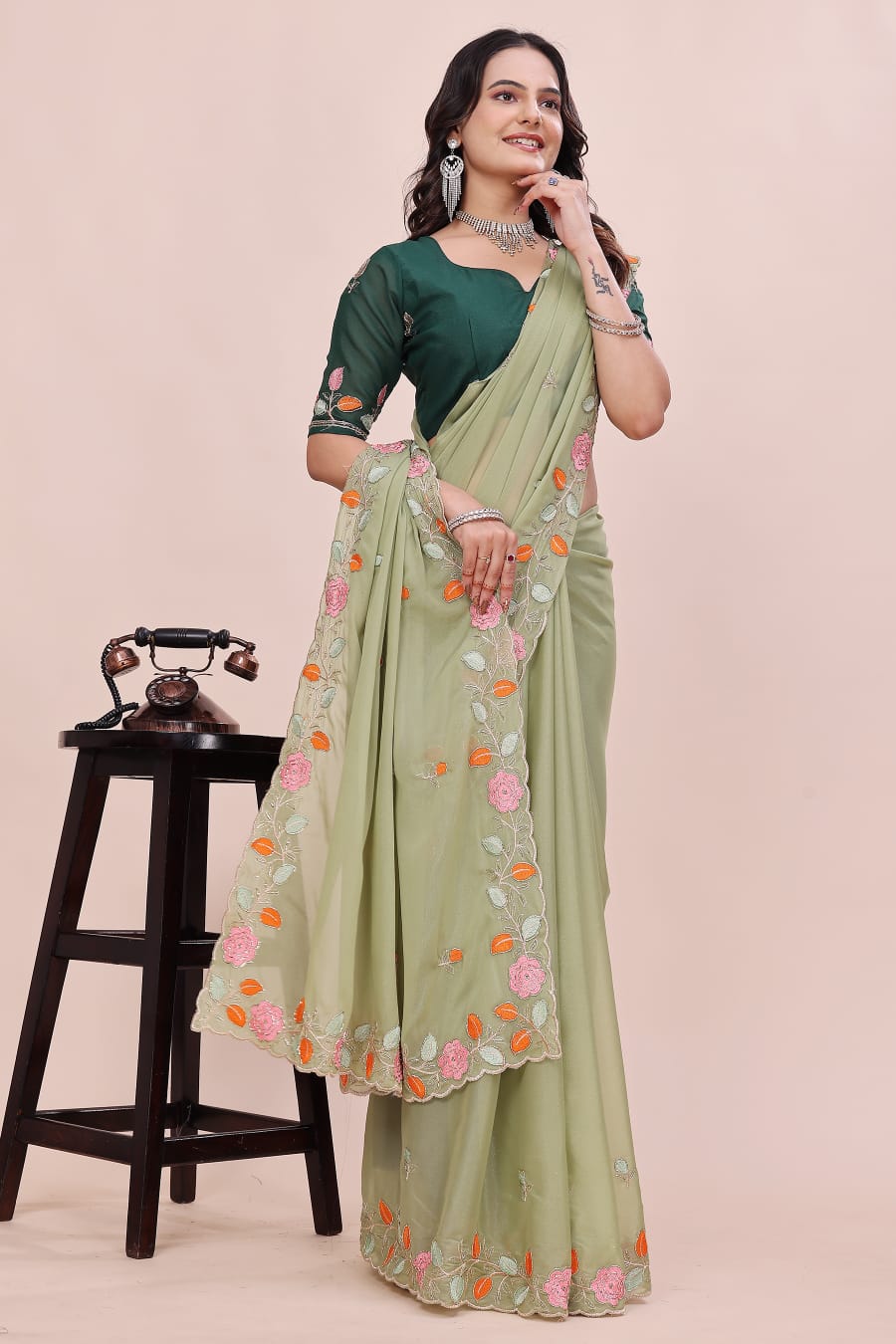 Rose Petal Embroidered Star Georgette Saree with Beads Work Border