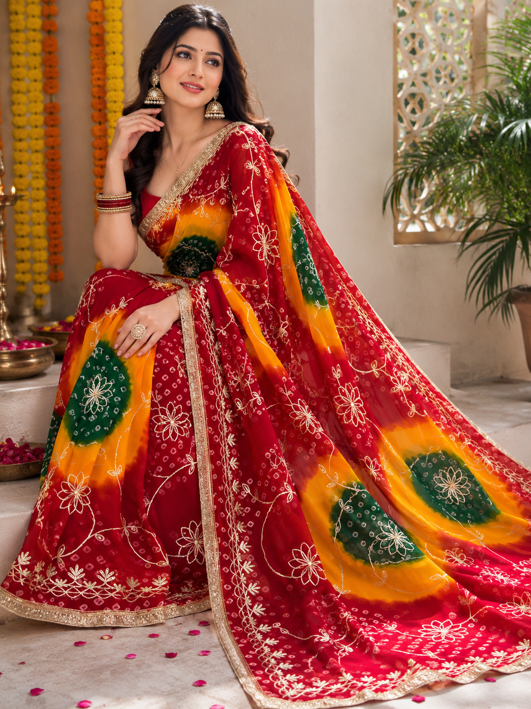Women's Maroon Georgette Bandhej Print Saree with Gota Embroidery & Mono Silk Blouse
