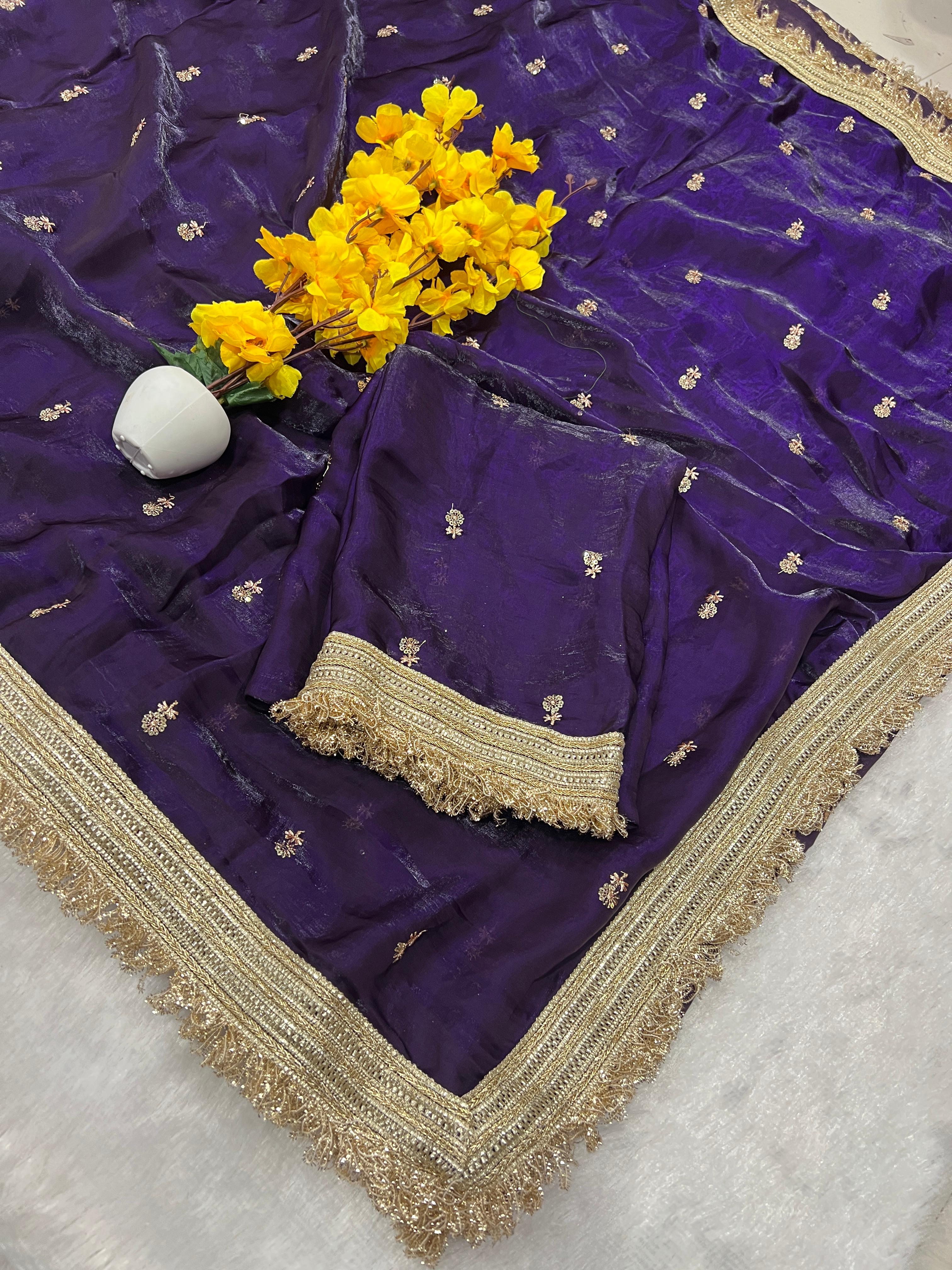 Premium Fendi Fabric Embroidered Party Wear Saree with Heavy Border