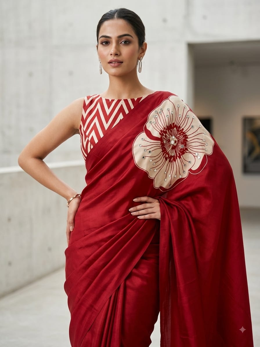 Aaina Silk Crepe Saree with Ethnic Floral Print & Mirror Work