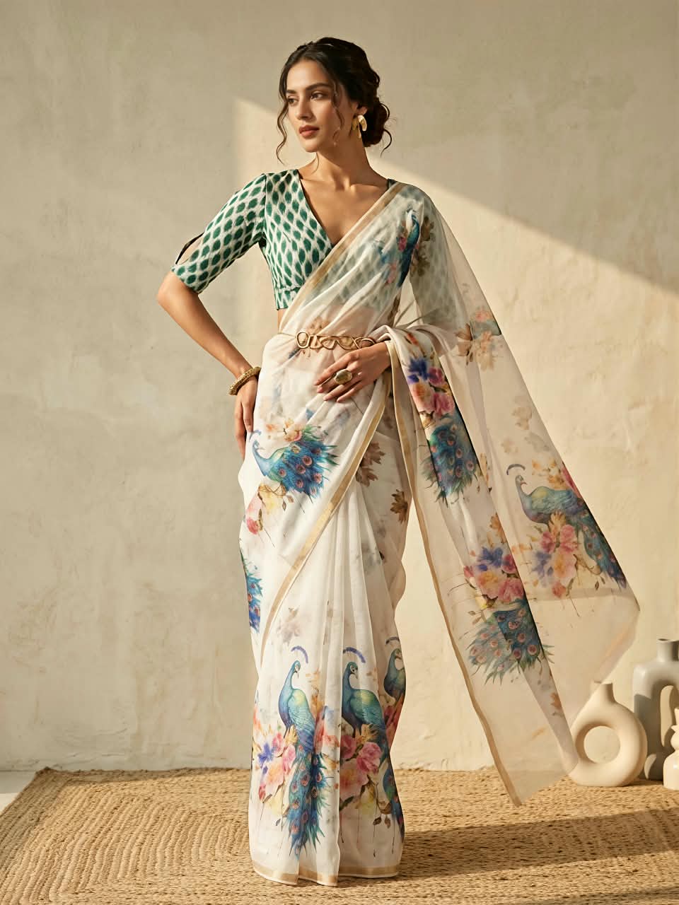 Premium Slub Cotton Saree with Peacock Digital Print, Golden Zari Border & Matching Blouse Piece