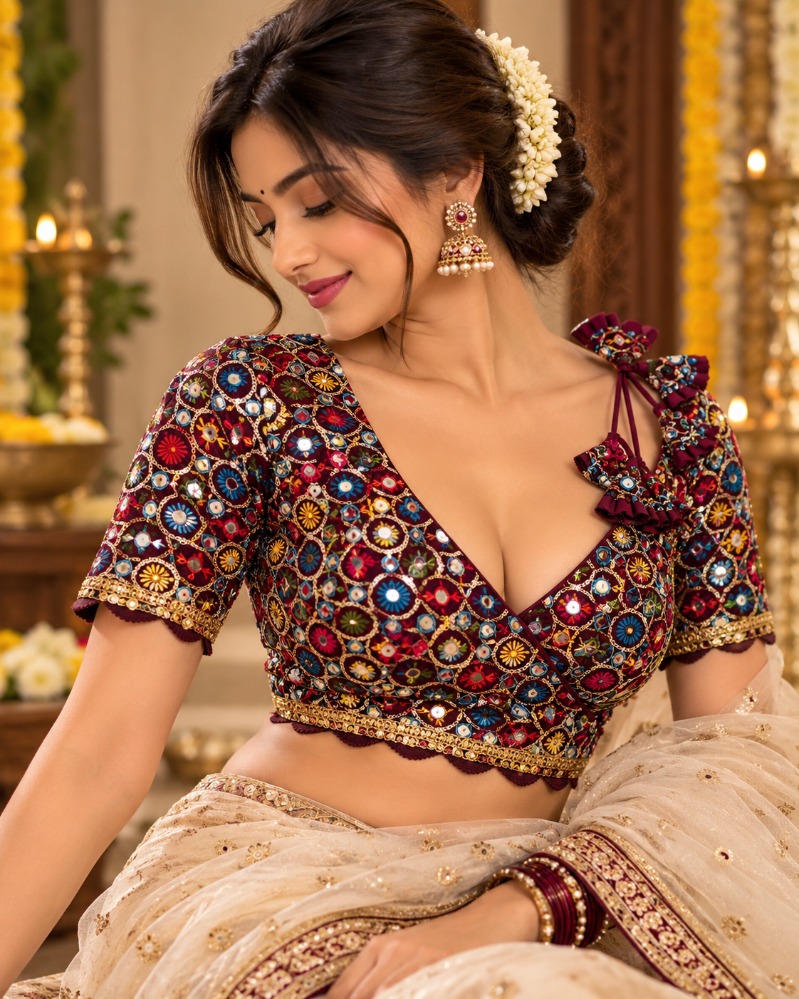 Heavy Fox Georgette Multicolour Sequin Work Designer Blouse with Velvet Lace – 38 to 42