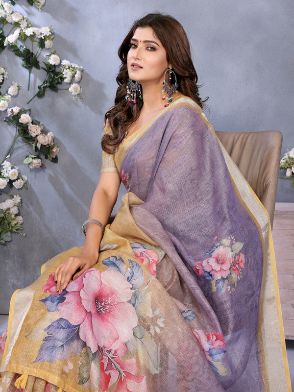 Elegant Linen Shimmer Floral Printed Saree with Blouse Piece