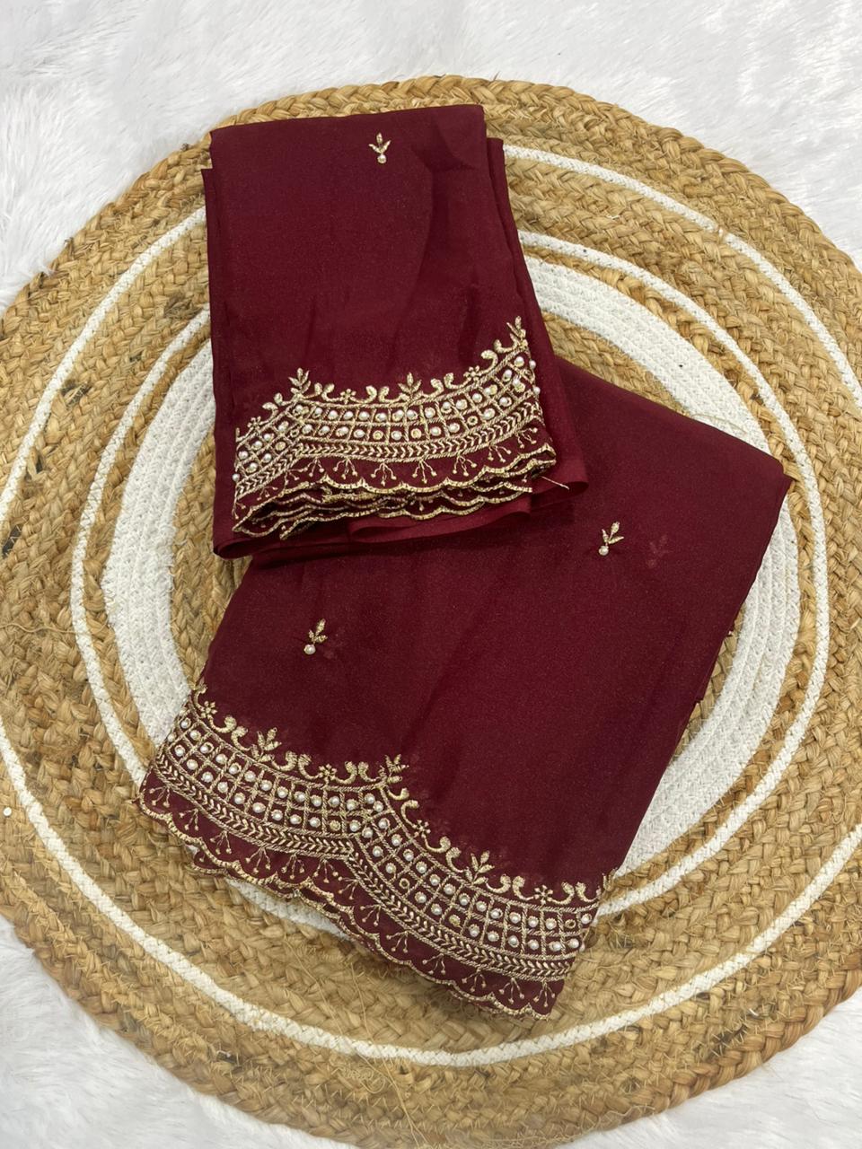 Premium Star Georgette Embroidery Zari & Moti Work Saree for Women | Party Wear Designer Saree with Matching Blouse